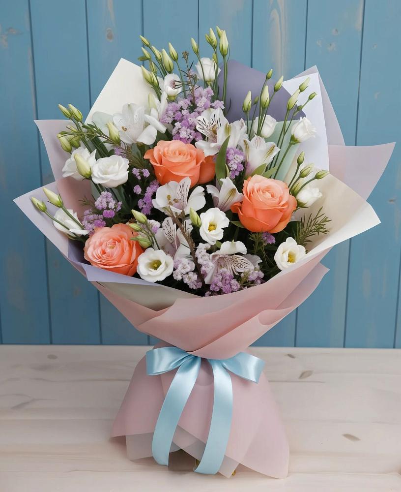 Букет цветов из: Лизиантусы, Розы, Альстромерии и Гипсофила в Михайловке Приморский край