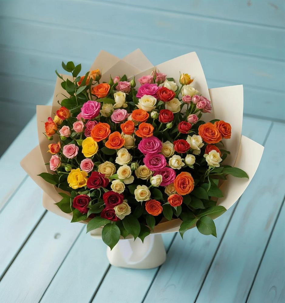 Букет Микс из разноцветных кустовых роз в Михайловке Приморский край