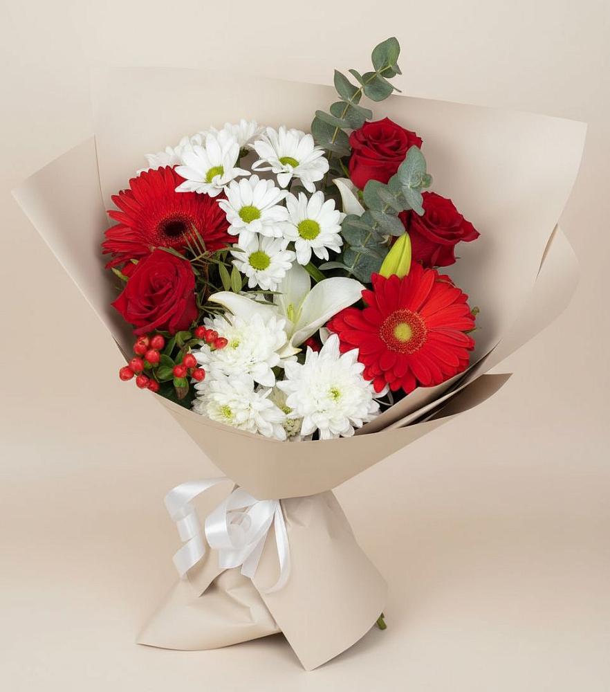 Букет цветов из: Розы, Хризантемы, Герберы и Лилии в Михайловке Приморский край