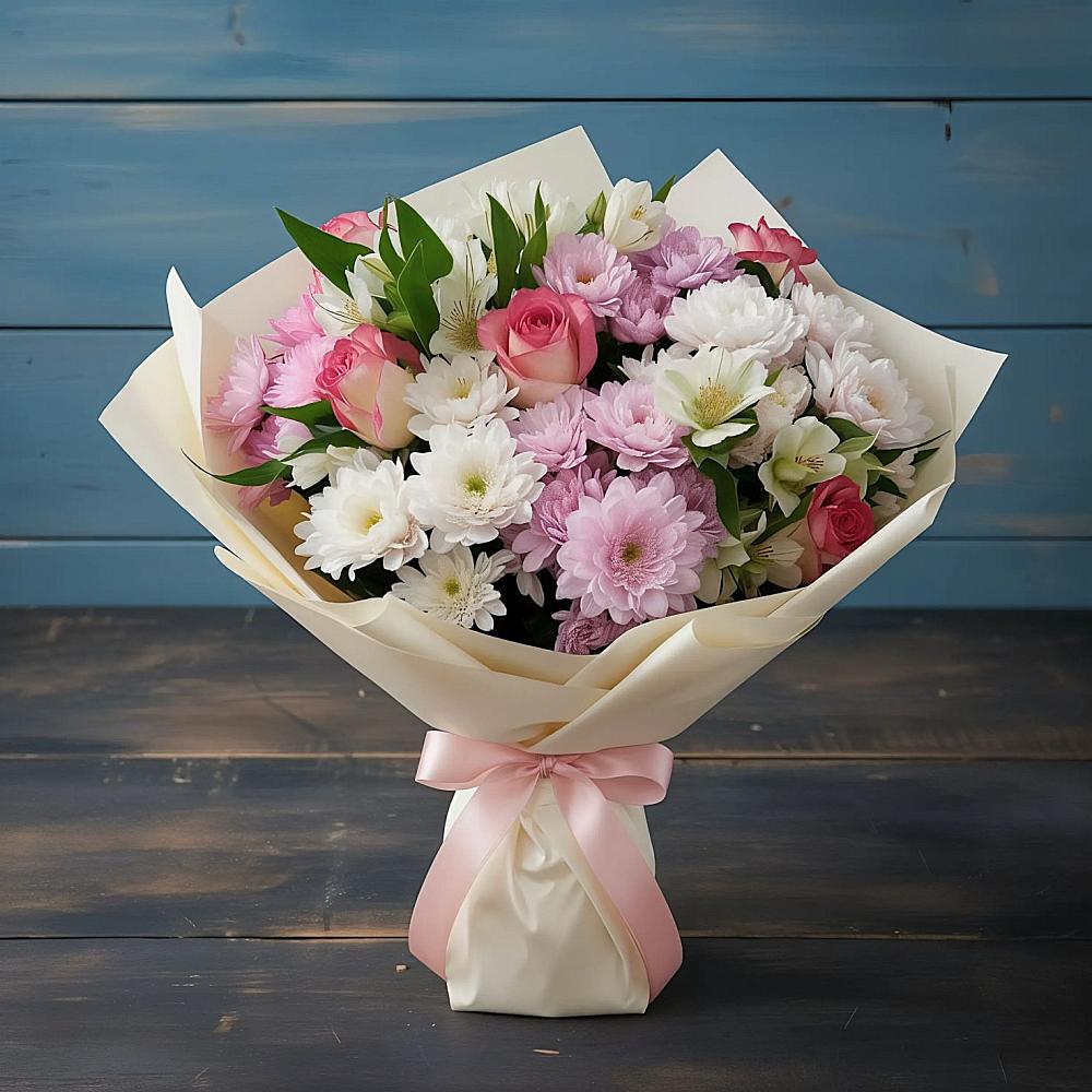 Букет цветов из: Хризантемы, Альстромерии и Розы в Михайловке Приморский край